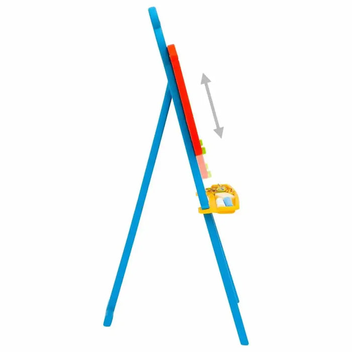 Side view of a blue and yellow kids' learning easel with adjustable magnetic board