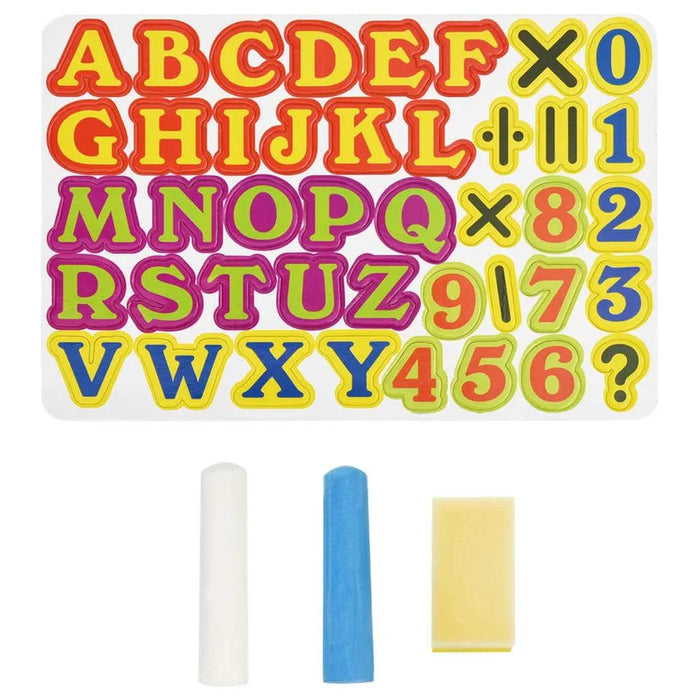 Children’s learning easel set with colorful magnetic letters, numbers, chalk, and eraser