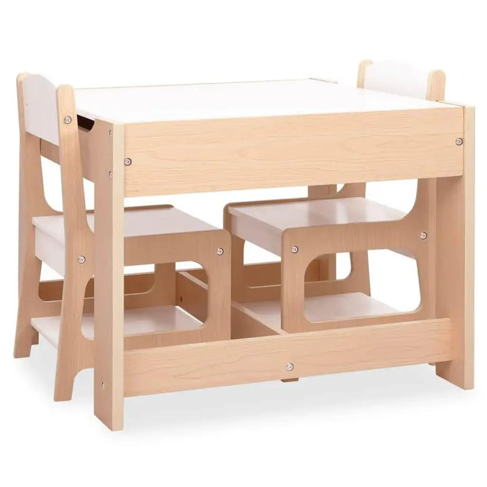 Light wood children’s table and chair set with white chalkboard and whiteboard surfaces