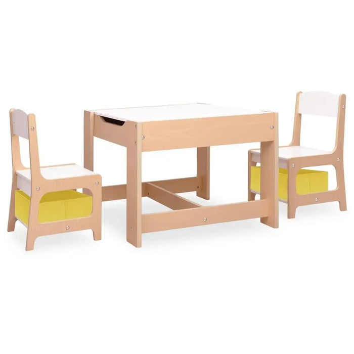 Children’s table and chair set with wood frame, white surfaces, and yellow storage compartments