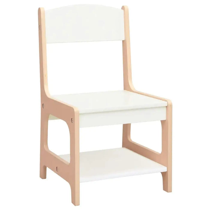 Wooden children's chair with white seat, backrest, and bottom shelf, modern design