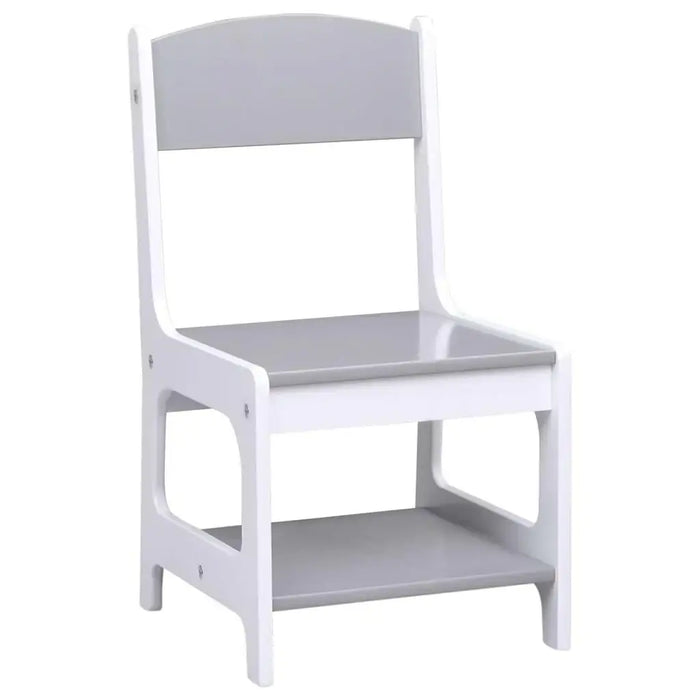 Gray and white wooden children’s chair with a shelf, kids table and chair set furniture.