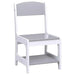 Gray and white wooden children’s chair with a shelf, kids table and chair set furniture.