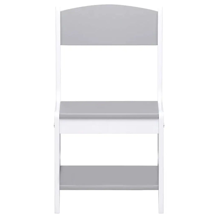 White and gray children's chair with simple, modern design, wooden frame and flat seat
