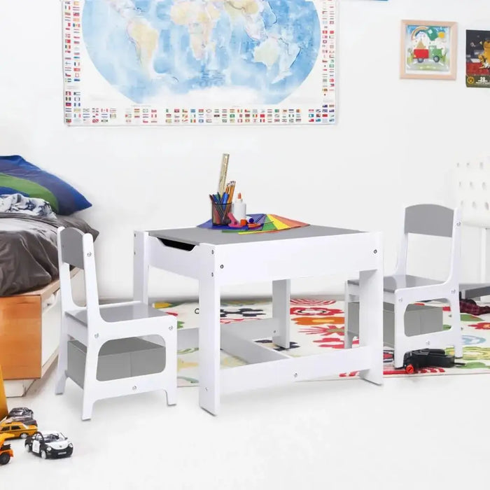 White multi-purpose children's table and chair set with art supplies in a playroom