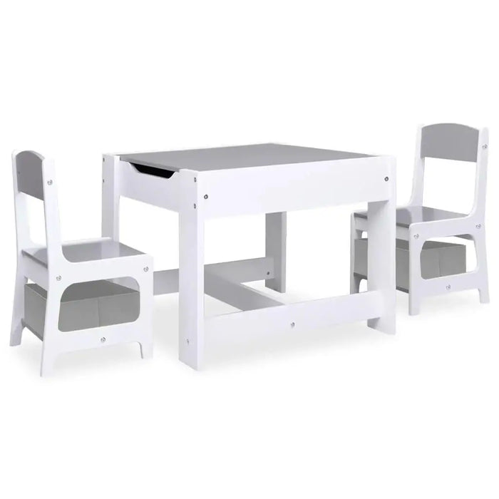 White children's table and two chairs set with double-sided whiteboard and chalkboard