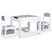 White children's table and two chairs set with double-sided whiteboard and chalkboard