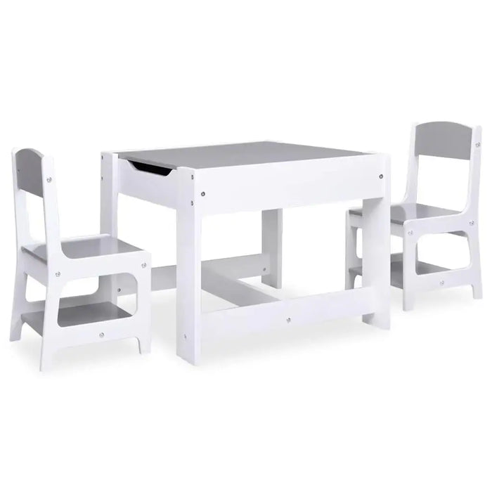 White children's table and chair set with double-sided tabletop