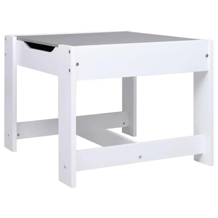 White wooden children's table with a dual-sided gray top and sturdy construction