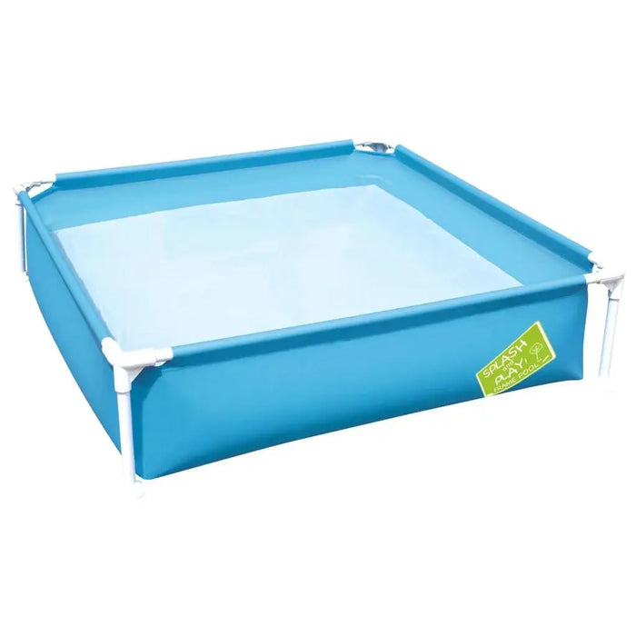 Blue square kids frame pool with white metal supports and green label, empty background