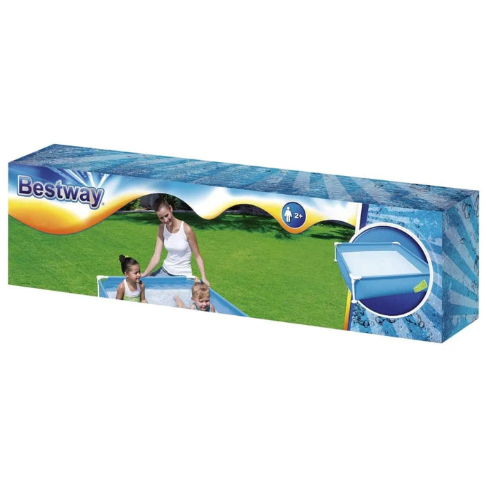 Bestway My First Frame Pool packaging showing kids and adult by blue PVC metal frame pool on grass