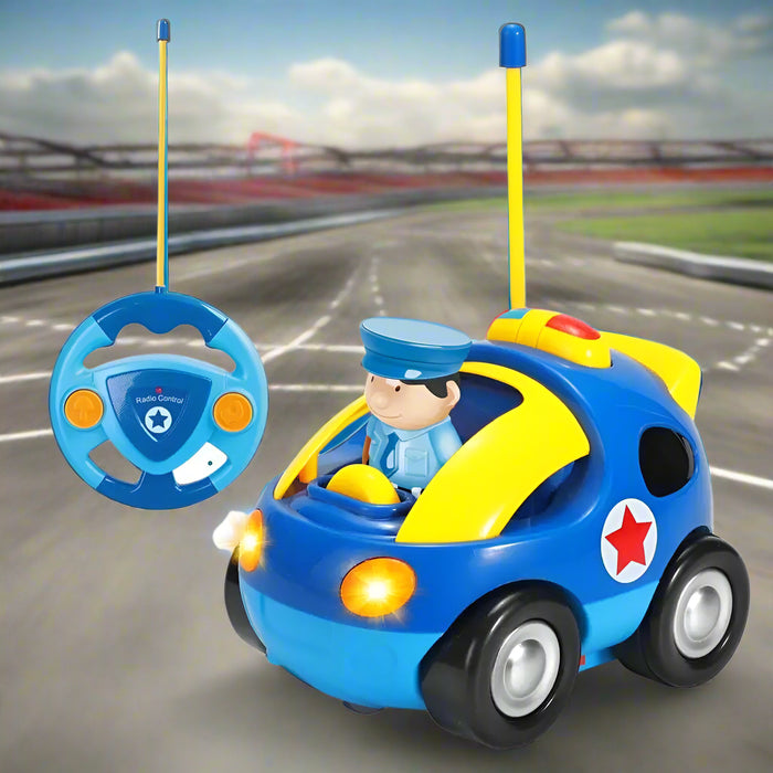 Blue toddler remote control police toy car with lights, music, and steering remote on racetrack