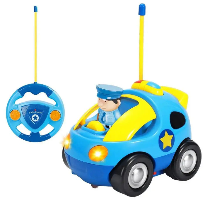 Blue toddler remote control police car toy with lights, music, and a matching controller