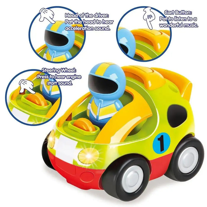 Yellow toddler remote control car toy with blue driver, lights, music, and interactive buttons