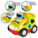 Yellow toddler remote control car toy with blue driver, lights, music, and interactive buttons