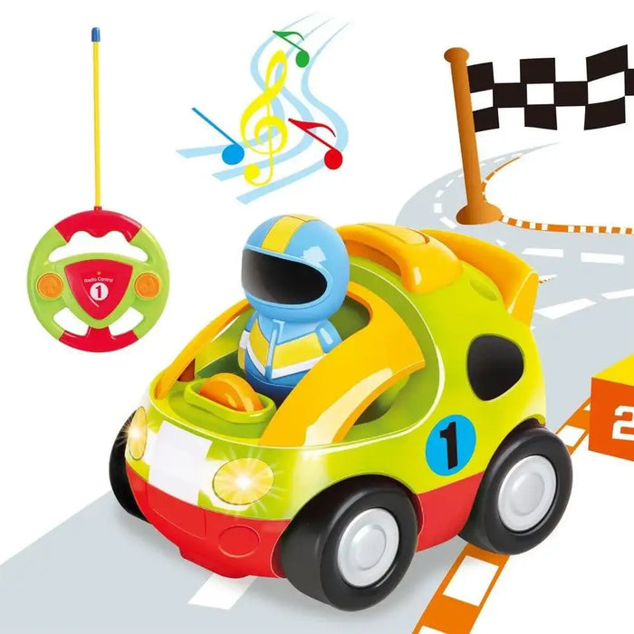 Yellow toddler remote control car toy with music notes, racing track, and toy driver