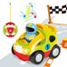 Yellow toddler remote control car toy with music notes, racing track, and toy driver