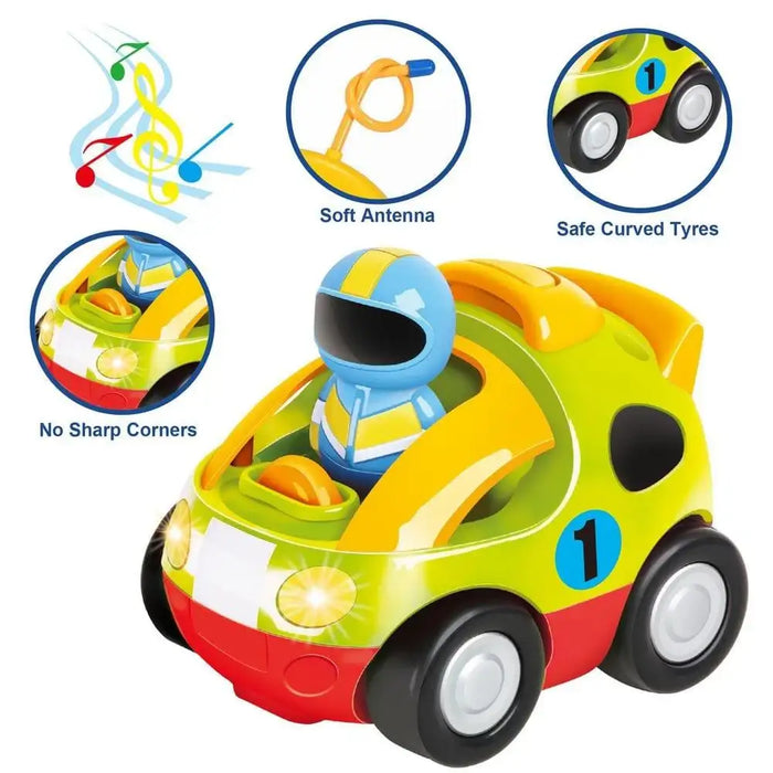 Yellow toddler remote control car toy with music, lights, soft antenna, and safe rounded design