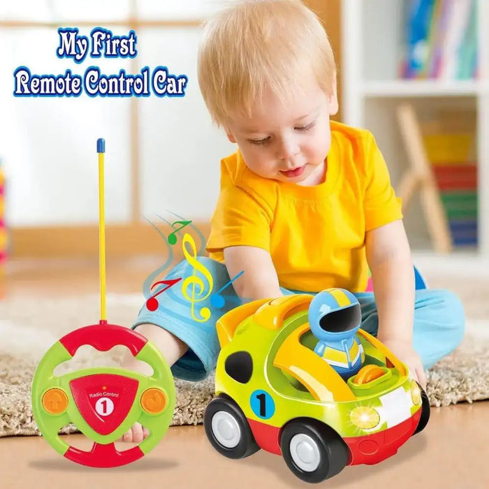 Toddler playing with yellow remote control car toy featuring lights and music indoors