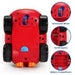 Bottom view of red toddler RC car showing directional wheel, on/off switch, battery compartment