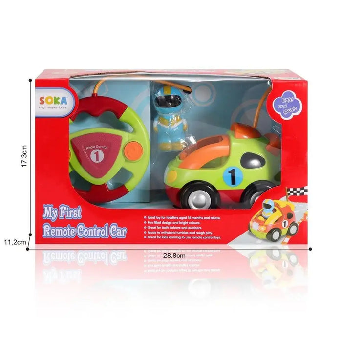 Colorful My First Remote Control Car toy for toddlers in red packaging with remote and driver.