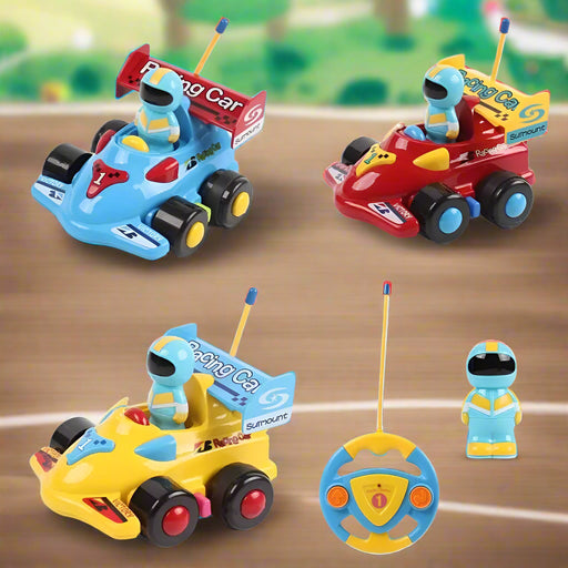 Colorful toddler remote control racing cars with drivers, steering remote, and toy figurine.