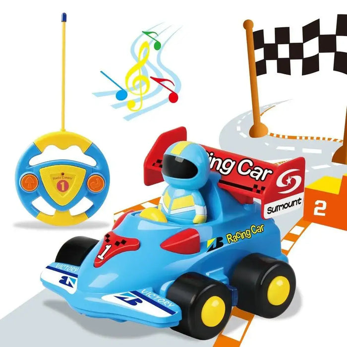 Blue toddler remote control racing car toy with driver, music notes, and a race track.