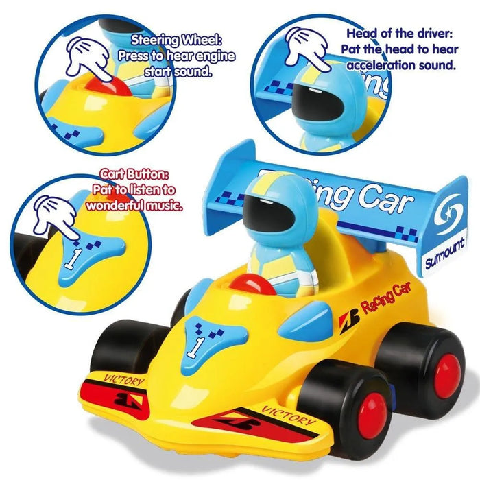 Yellow toddler remote control racing car toy with blue driver, music and sound feature highlights
