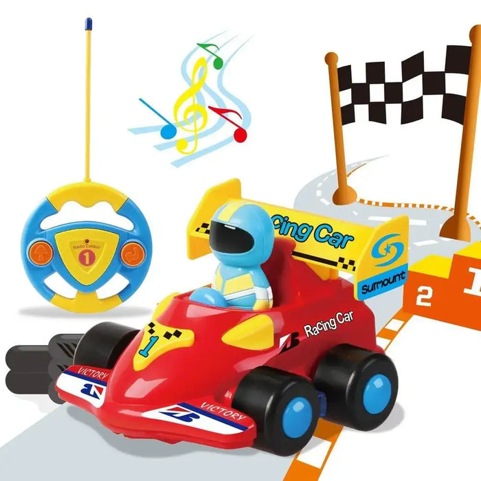 Remote control red racing car toy for toddlers with lights, music, and finish line backdrop
