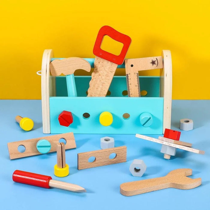 Colorful wooden tool box toy set with tools and accessories on blue and yellow background