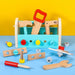 Colorful wooden tool box toy set with tools and accessories on blue and yellow background