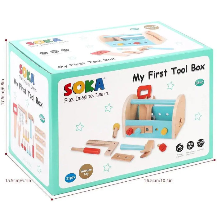 SOKA My First Tool Box 21-piece wooden toy DIY set in colorful turquoise packaging