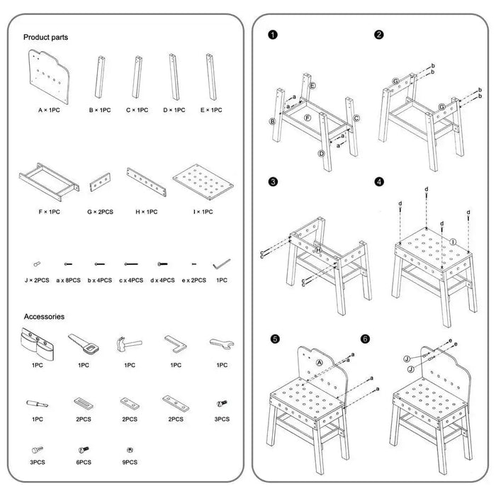 Assembly instructions and parts diagram for wooden kids DIY workbench toy set
