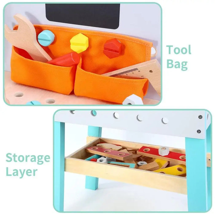 Kids wooden workbench with orange tool bag and lower storage layer holding toy tools.