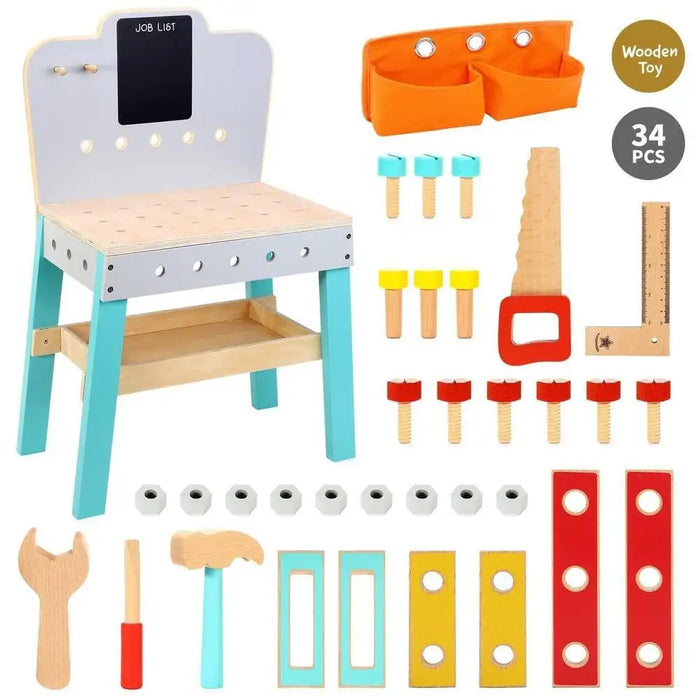 Wooden kids workbench with 34-piece DIY tool set, play saw, wrench, bolts, and orange tool pouch.