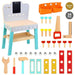 Wooden kids workbench with 34-piece DIY tool set, play saw, wrench, bolts, and orange tool pouch.