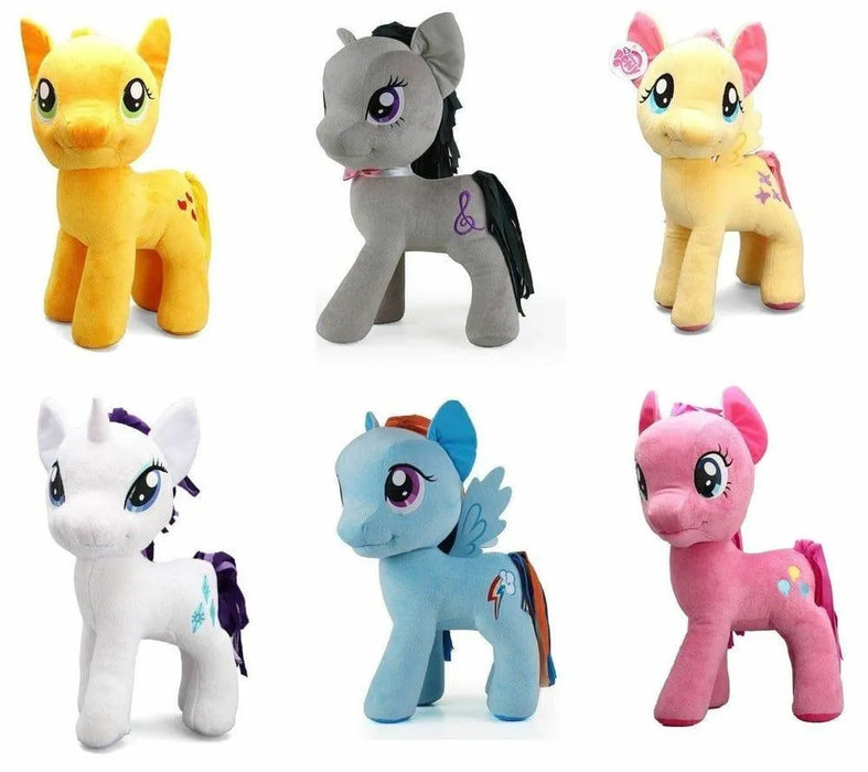 Six colorful My Little Pony plush toys, collectible stuffed characters on white background.