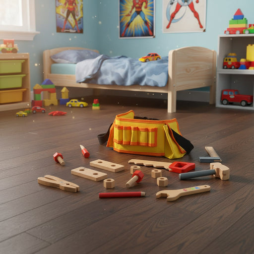 Wooden toy tool set with yellow tool belt on a child's bedroom floor, surrounded by toy cars and colorful posters.