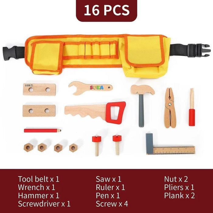 16-piece wooden kids tool belt set with yellow belt, toy tools, nuts, bolts, and planks.