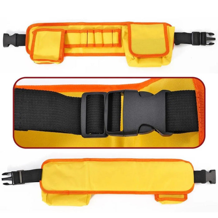 Yellow and orange adjustable kids tool belt with pockets and black buckle, laid flat