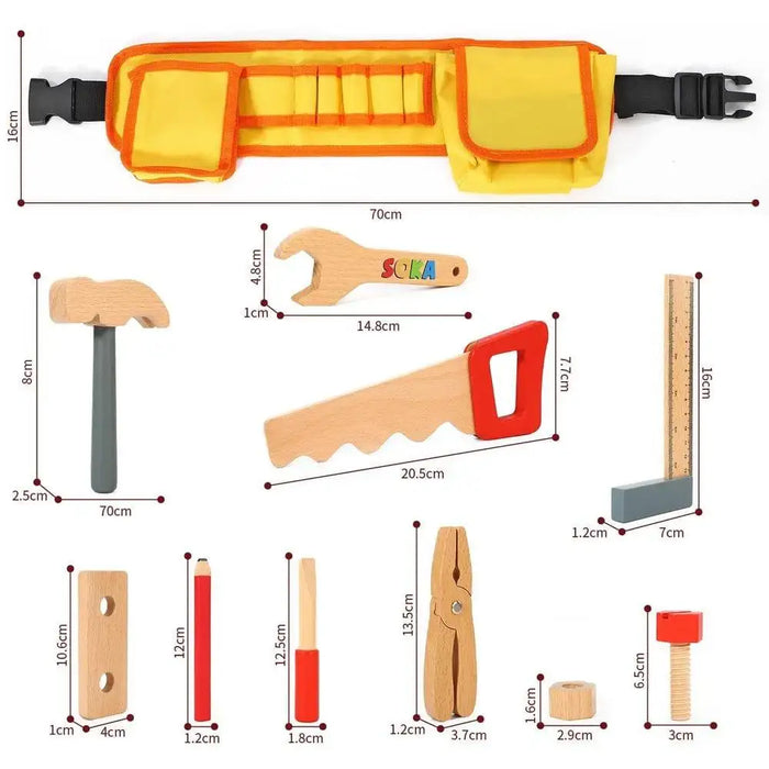 Kids' 16-piece wooden tool set with yellow adjustable tool belt and measurement guides.