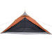 Orange taffeta one-person camping tent with mesh door and guy lines, front view