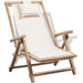 Bamboo outdoor deck chair with cream fabric and headrest on white background