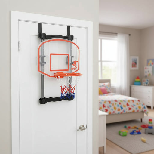 Over-door adjustable basketball hoop set hanging on a white door in a colorful kids' bedroom.