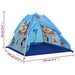 Blue pirate play tent with cartoon pirate, ship, sharks, and size dimensions shown.