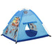 Blue pirate play tent for kids with cartoon ship and shark designs, circular window opening