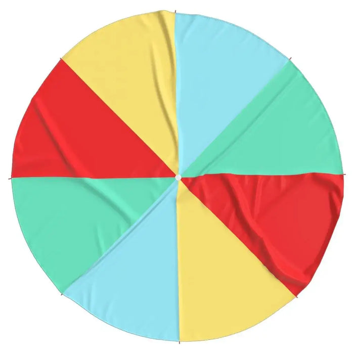 Colorful round play parachute with red, yellow, blue, and green panels and eight handles