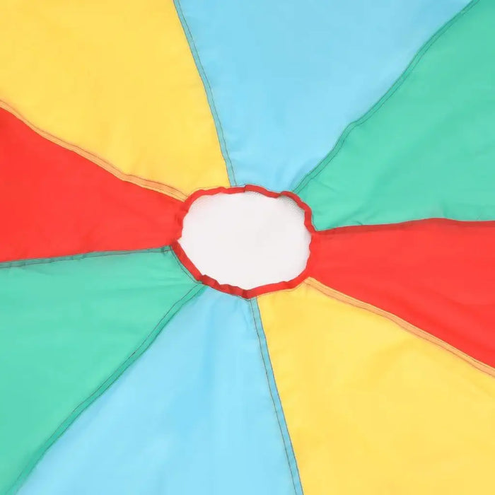 Colorful rainbow play parachute with center hole and red, yellow, green, blue panels