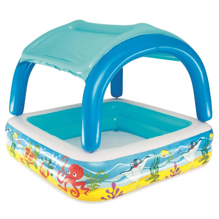 Inflatable kids play pool with canopy, ocean animal print, padded floor, square shape