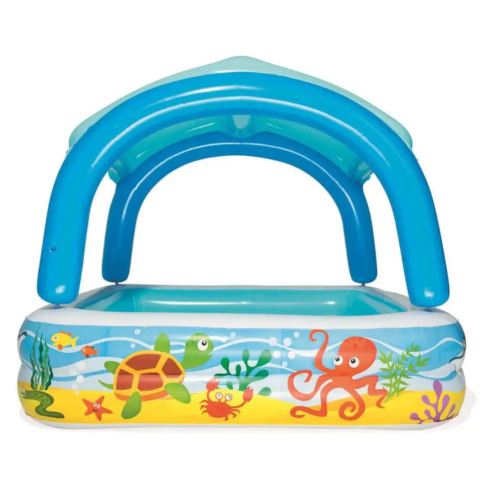 Blue inflatable kids pool with canopy and ocean animal print design